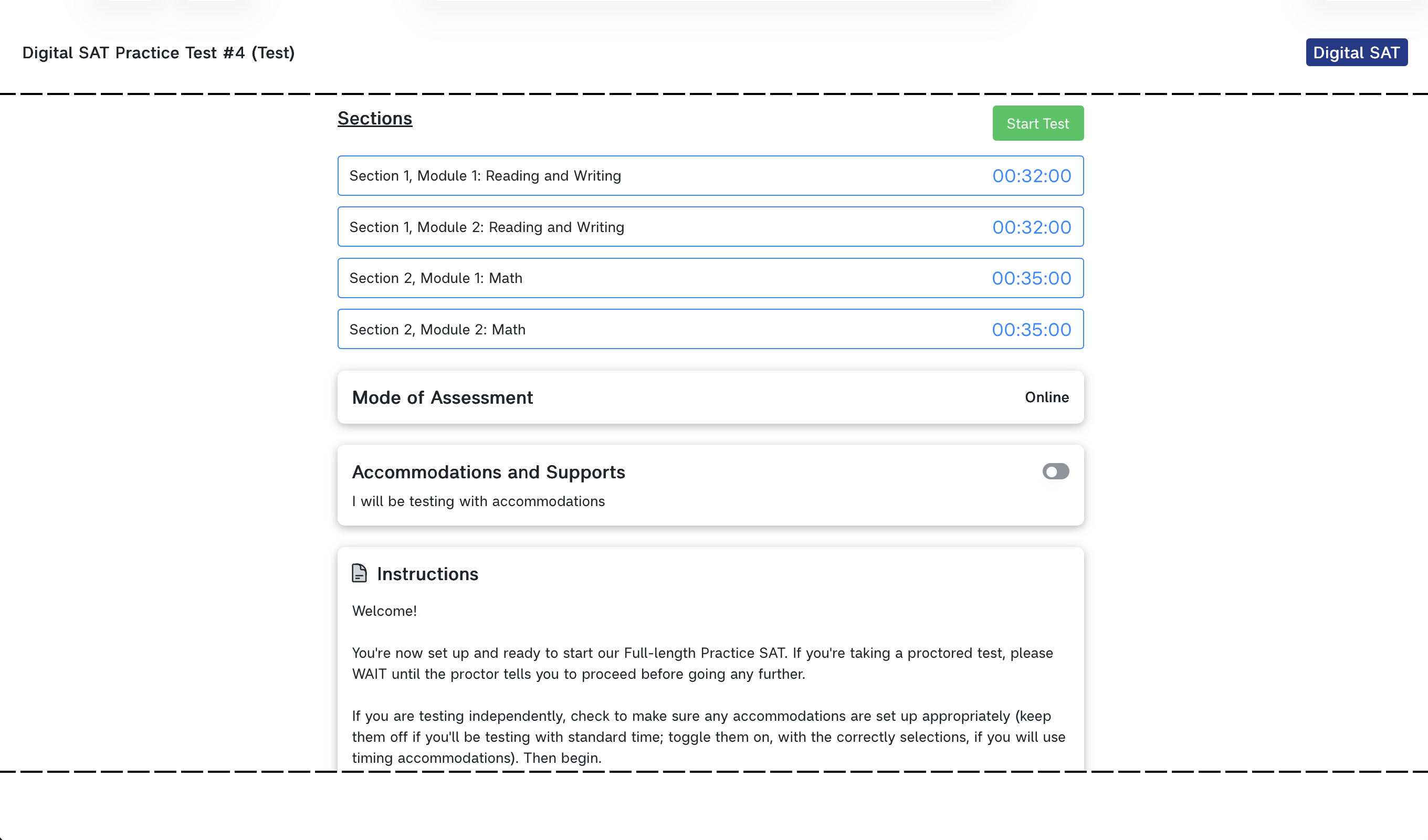 The test's start page: the four modules with their times, a Start Test button, the Accommodations and Supports toggle (off), and the test instructions.