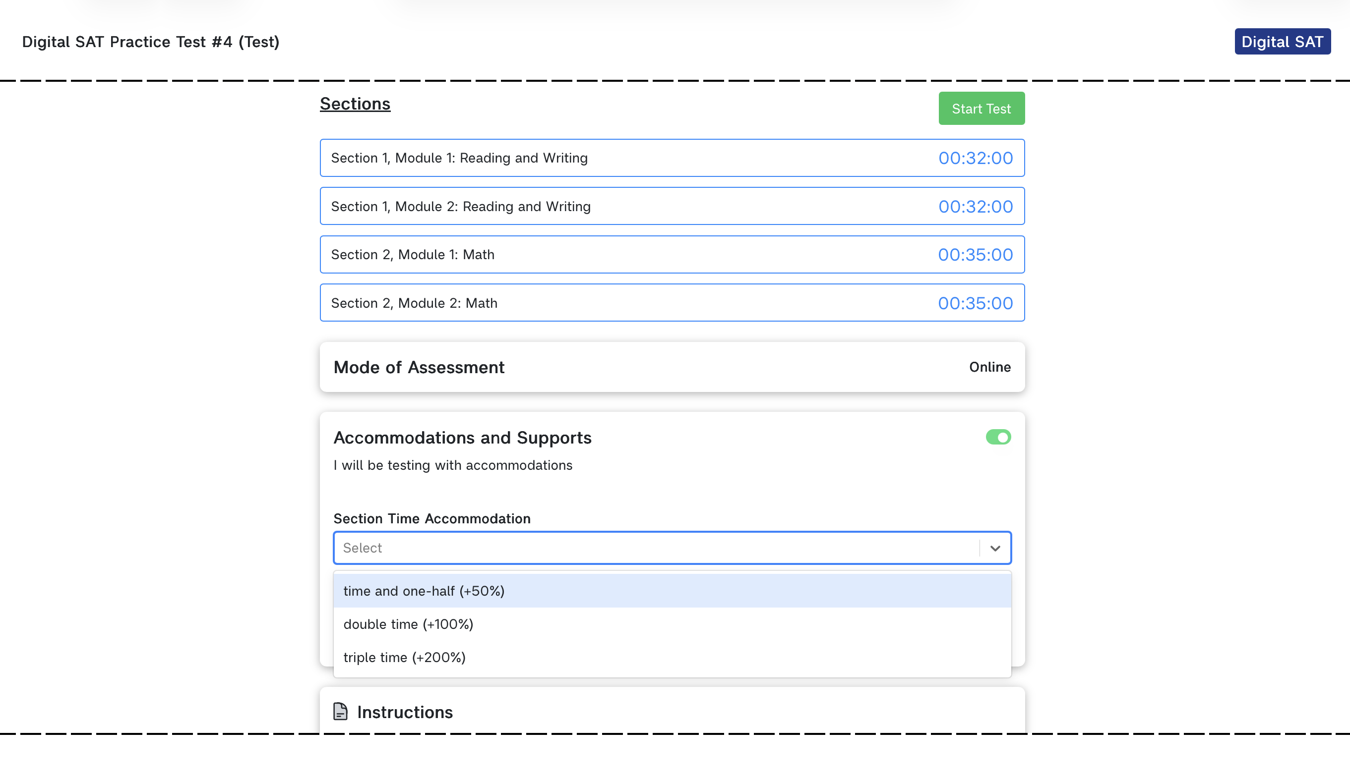 The start page with Accommodations and Supports toggled on and the Section Time Accommodation dropdown open: time and one-half, double time, triple time.