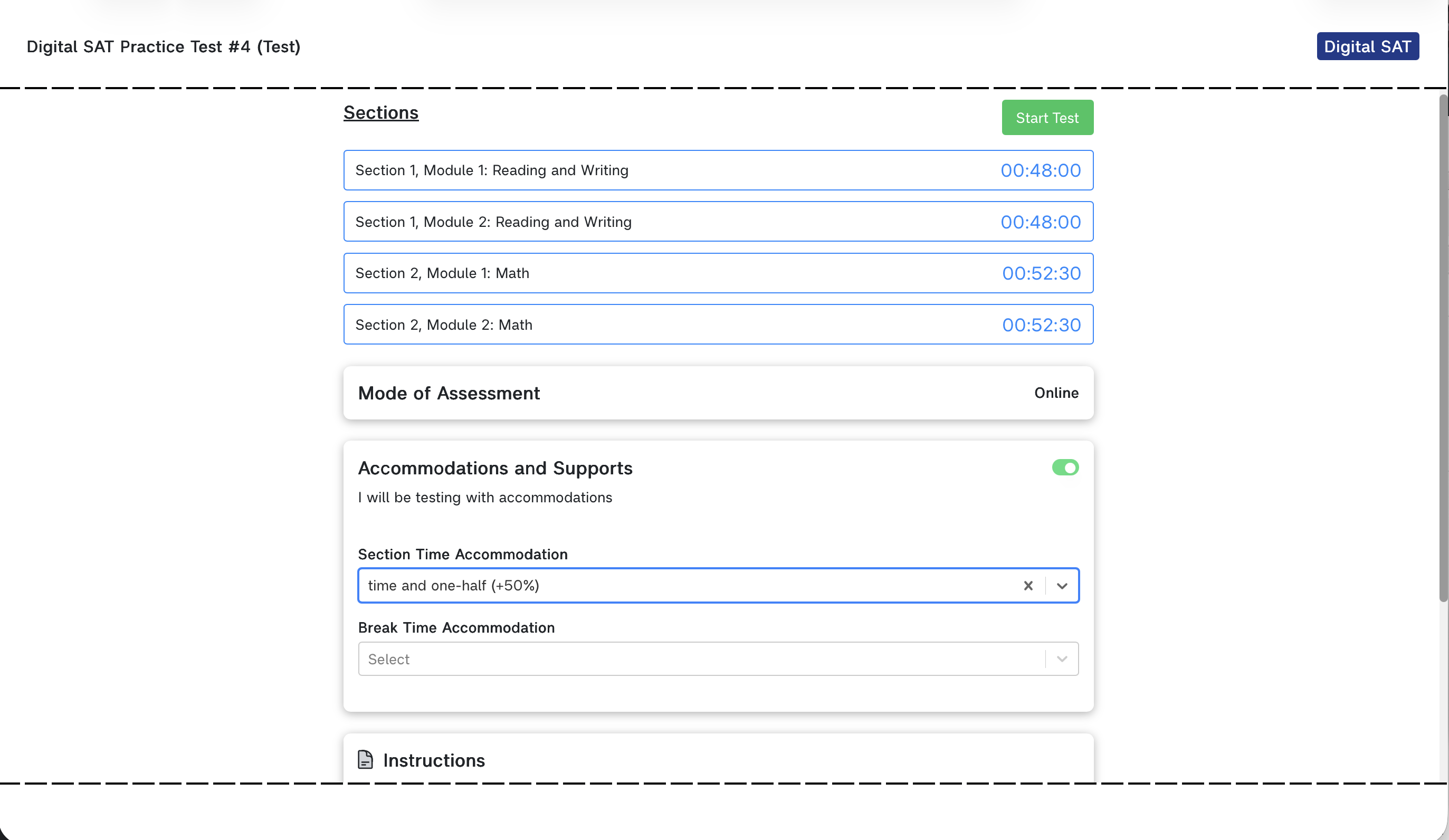 The start page with time and one-half selected: 48 minutes for each Reading and Writing module and 52 minutes 30 seconds for each Math module.