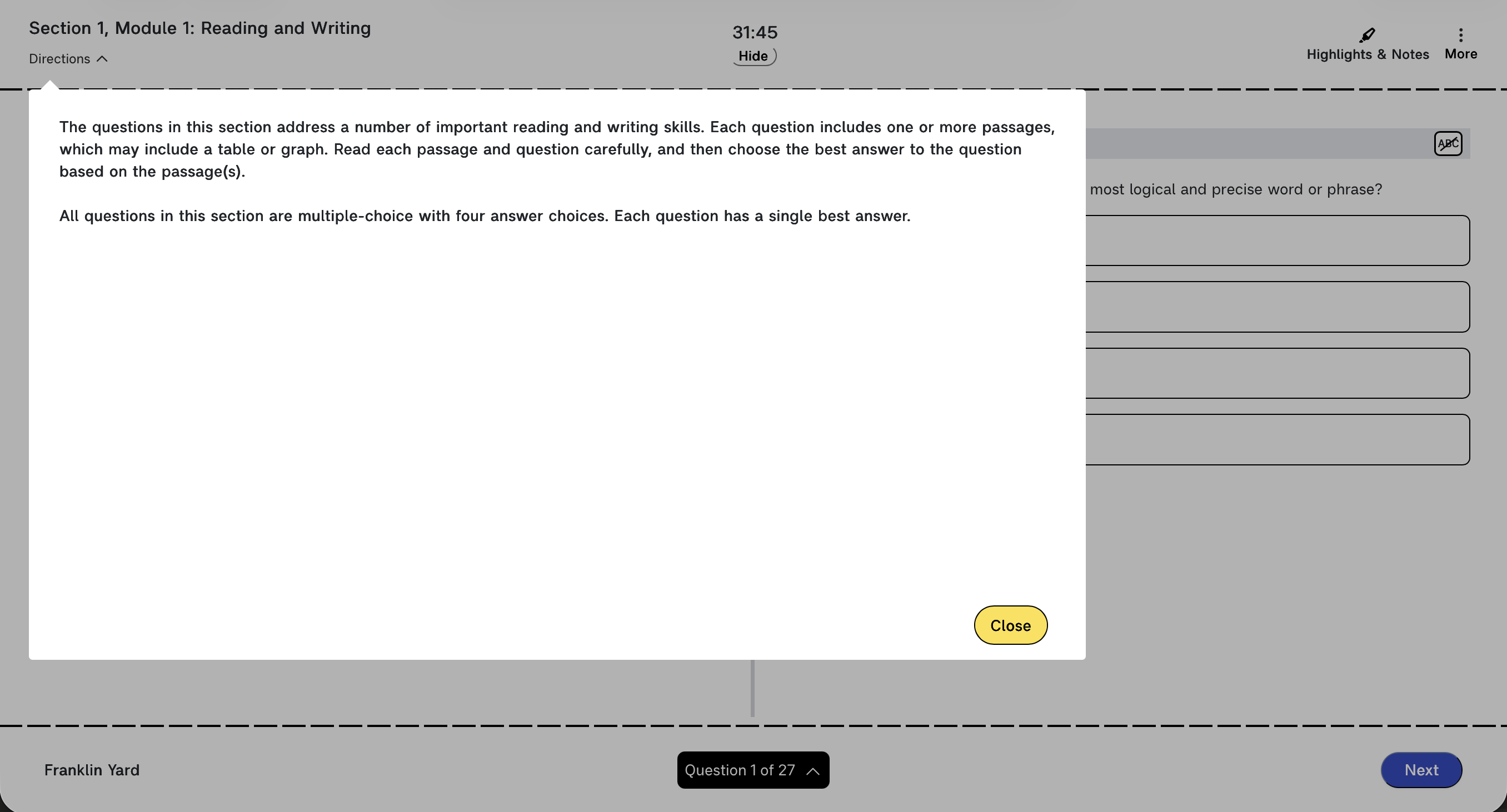 The first Reading and Writing module, with the directions panel open over the question and a Close button.