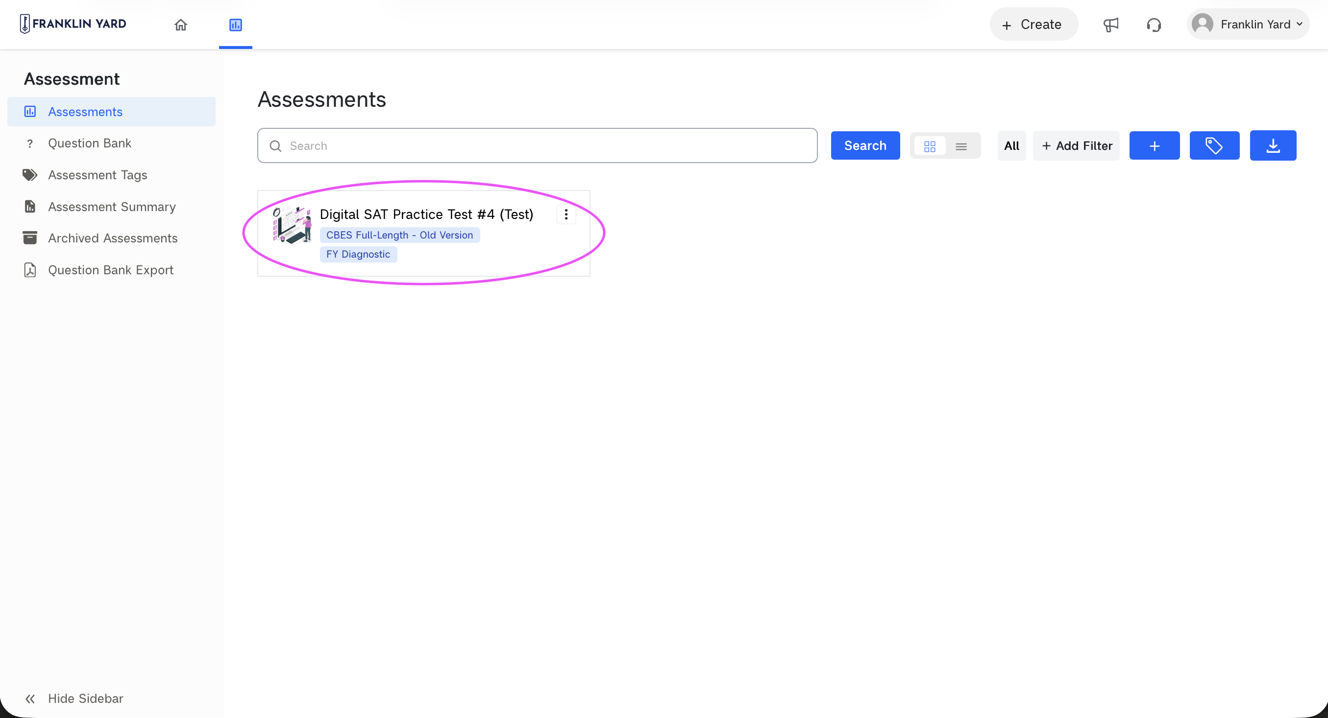 The proctor account's Assessments page, with the practice test circled.
