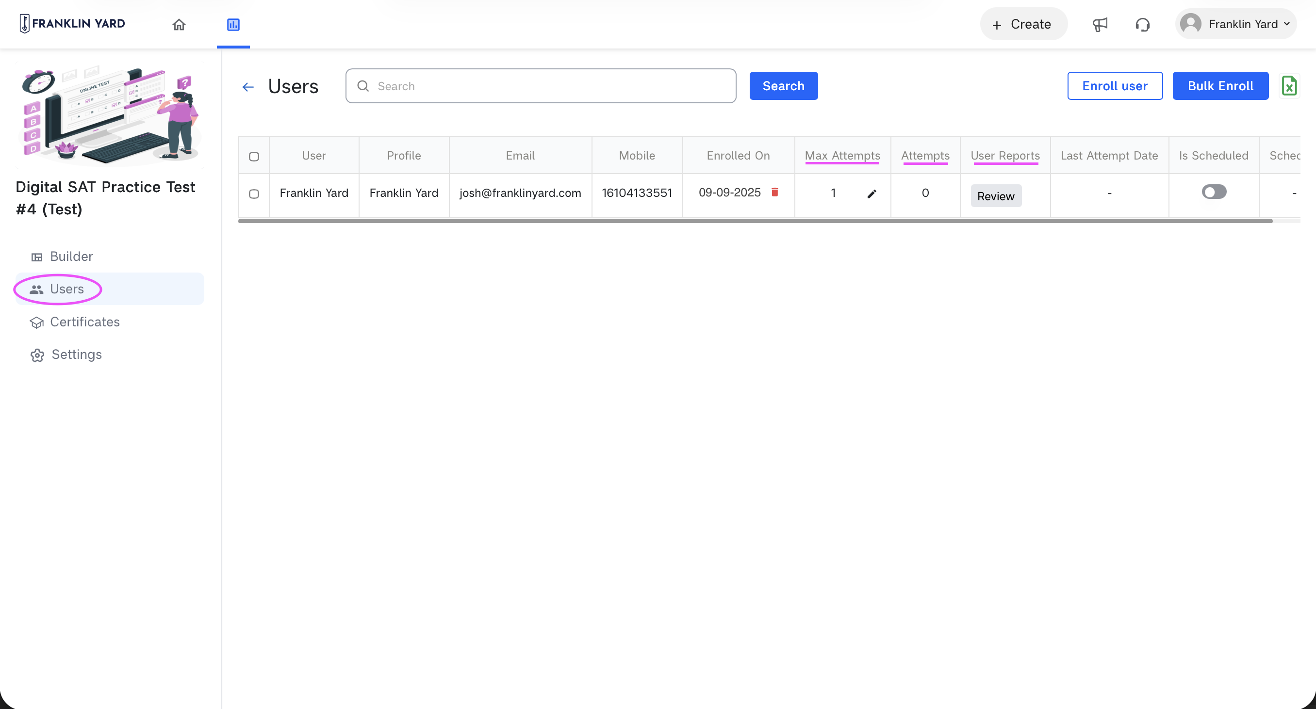 The proctor account's Users table for the assessment, with Users circled and the attempts columns underlined.