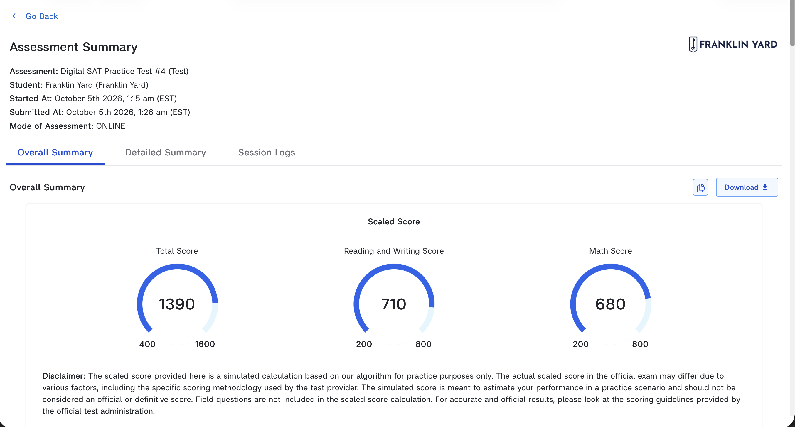 The results summary: a total score with the Reading and Writing and Math scores.