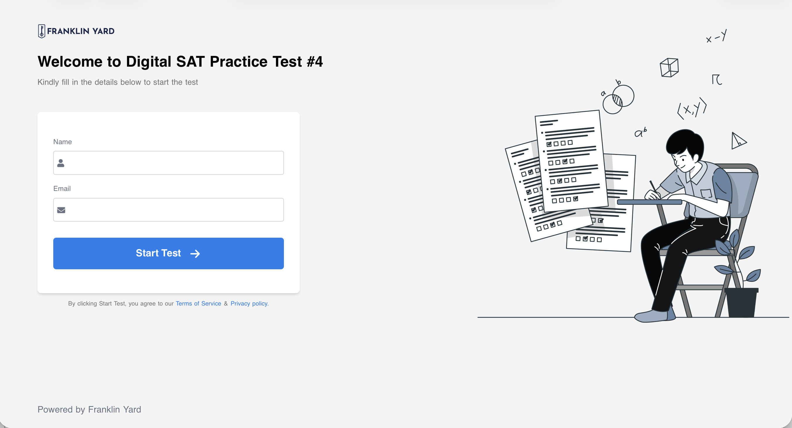 The test link's landing page: Name and Email fields and a Start Test button.