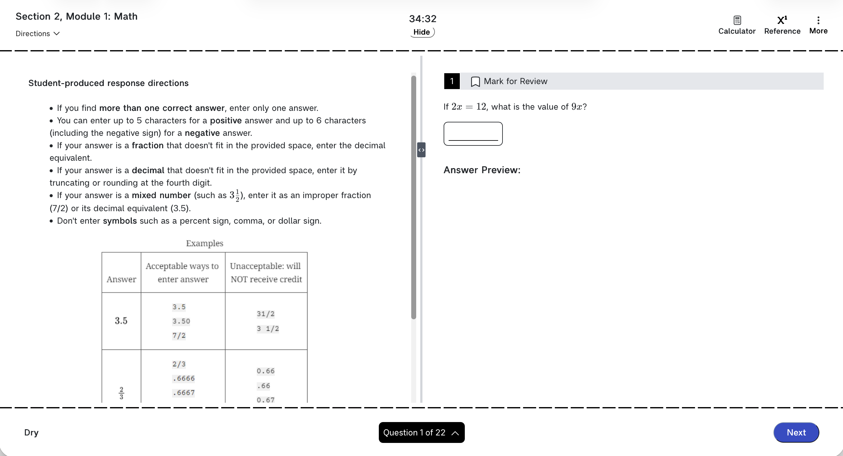 A Math question with an empty answer box, beside the directions for typed answers.